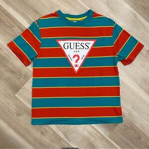 Guess Teal, Red & Yellow Striped Logo Short Sleeve Tee